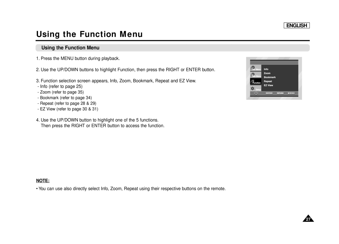 Samsung DVD-L75, DVD-L70 manual Using the Function Menu 