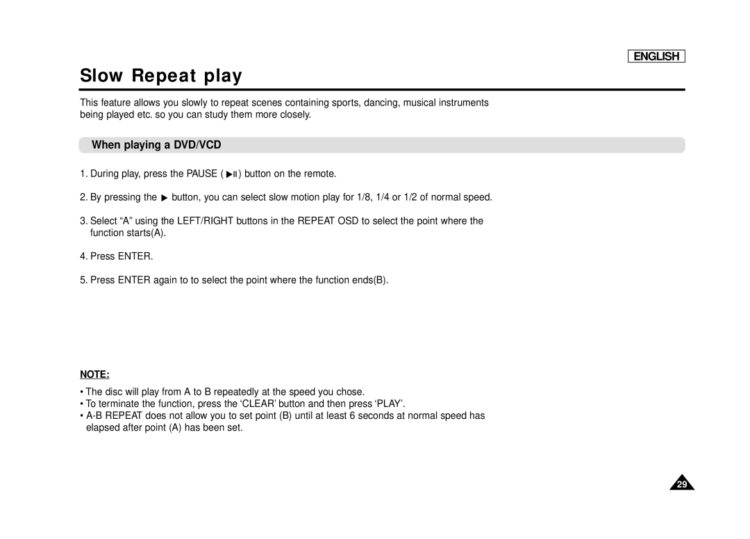 Samsung DVD-L75, DVD-L70 manual Slow Repeat play, When playing a DVD/VCD 