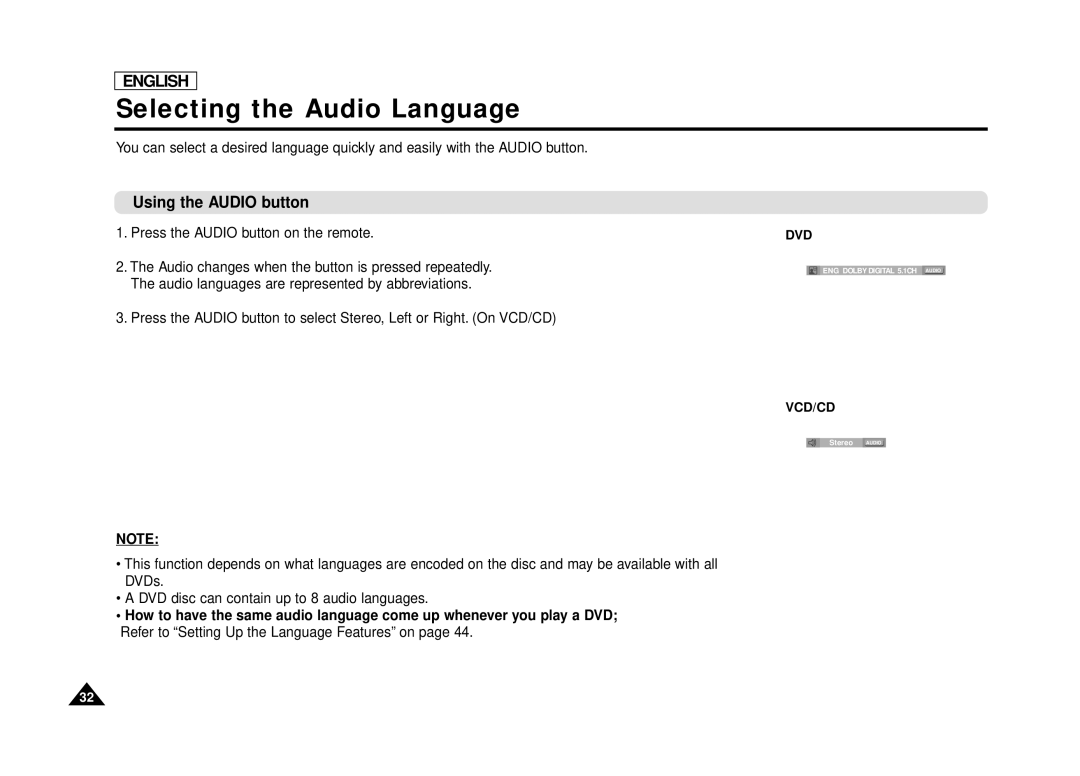 Samsung DVD-L70, DVD-L75 manual Selecting the Audio Language, Using the Audio button 