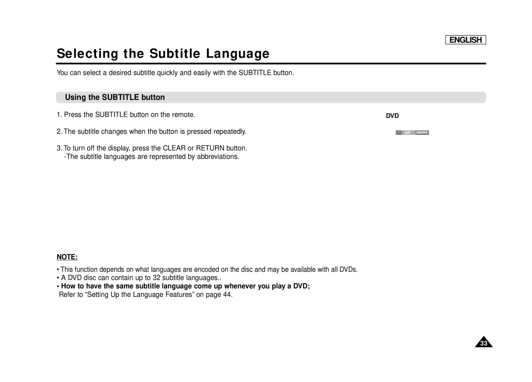 Samsung DVD-L75, DVD-L70 manual Selecting the Subtitle Language, Using the Subtitle button 