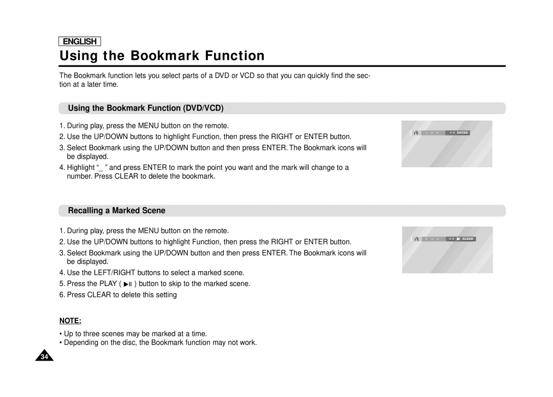 Samsung DVD-L70, DVD-L75 manual Using the Bookmark Function DVD/VCD, Recalling a Marked Scene 