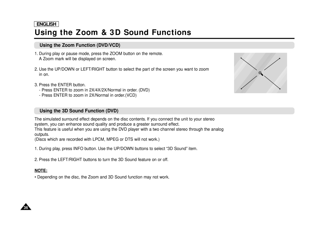 Samsung DVD-L70 Using the Zoom & 3D Sound Functions, Using the Zoom Function DVD/VCD, Using the 3D Sound Function DVD 