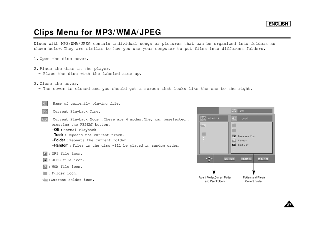 Samsung DVD-L75, DVD-L70 manual Clips Menu for MP3/WMA/JPEG 