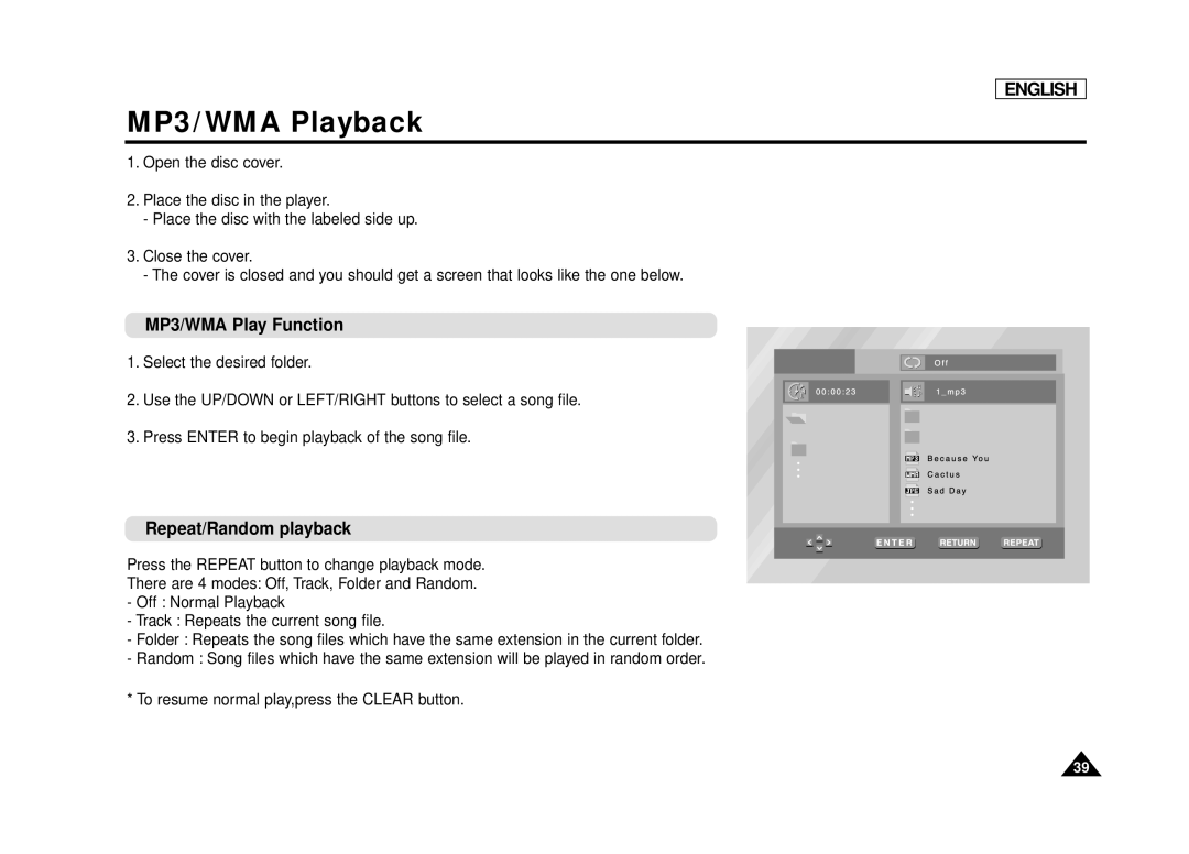 Samsung DVD-L75, DVD-L70 manual MP3/WMA Playback, MP3/WMA Play Function, Repeat/Random playback 