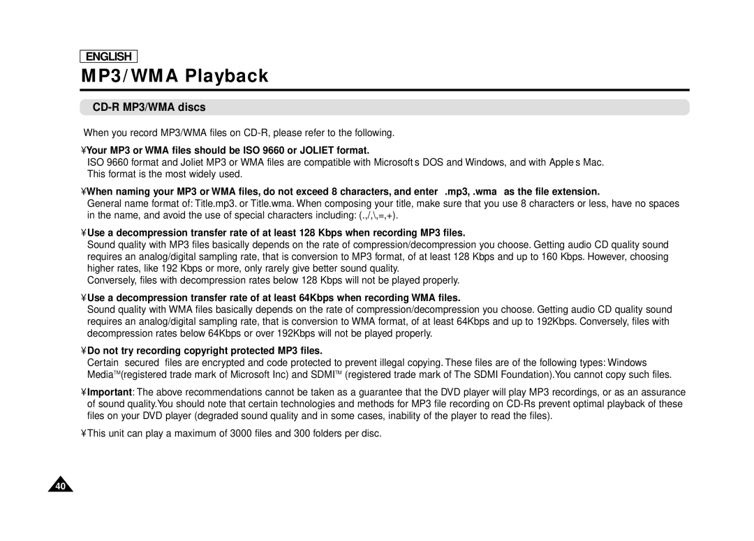 Samsung DVD-L70, DVD-L75 manual CD-R MP3/WMA discs, Your MP3 or WMA files should be ISO 9660 or Joliet format 