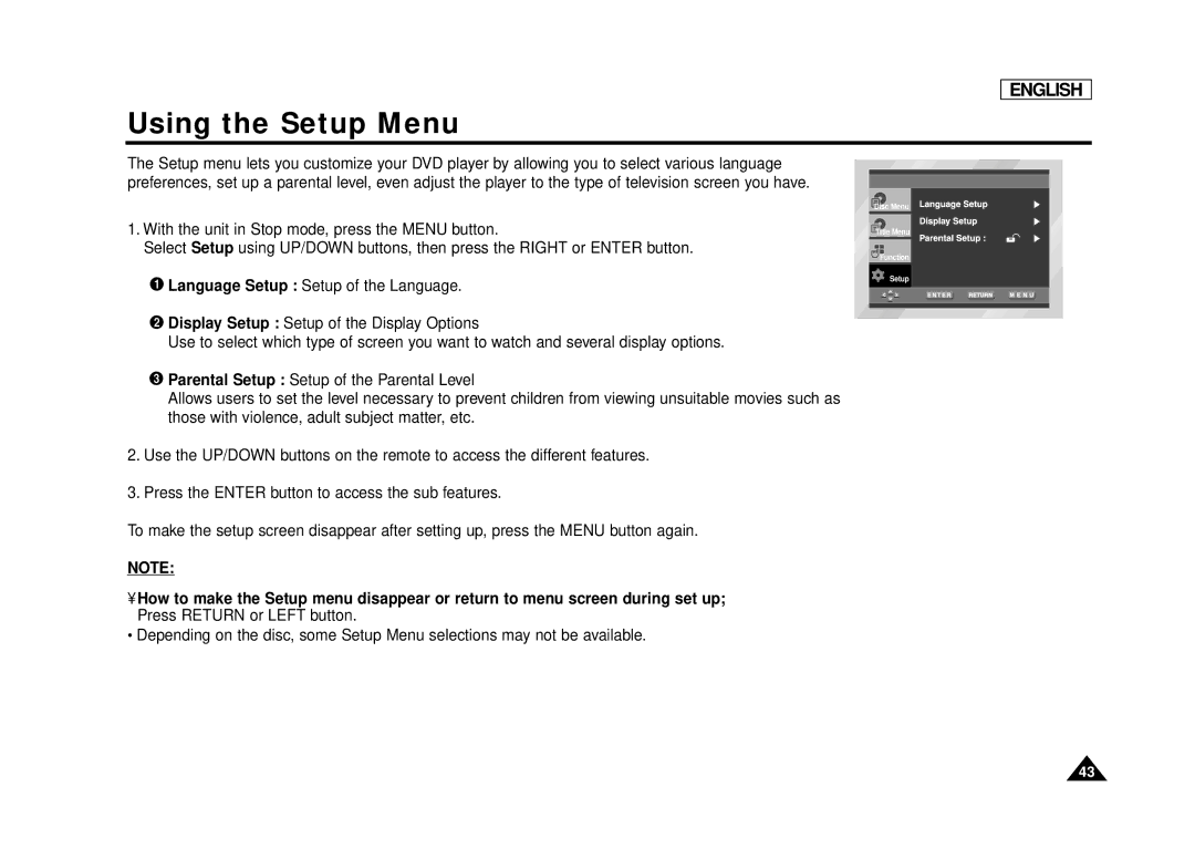 Samsung DVD-L75, DVD-L70 manual Using the Setup Menu 