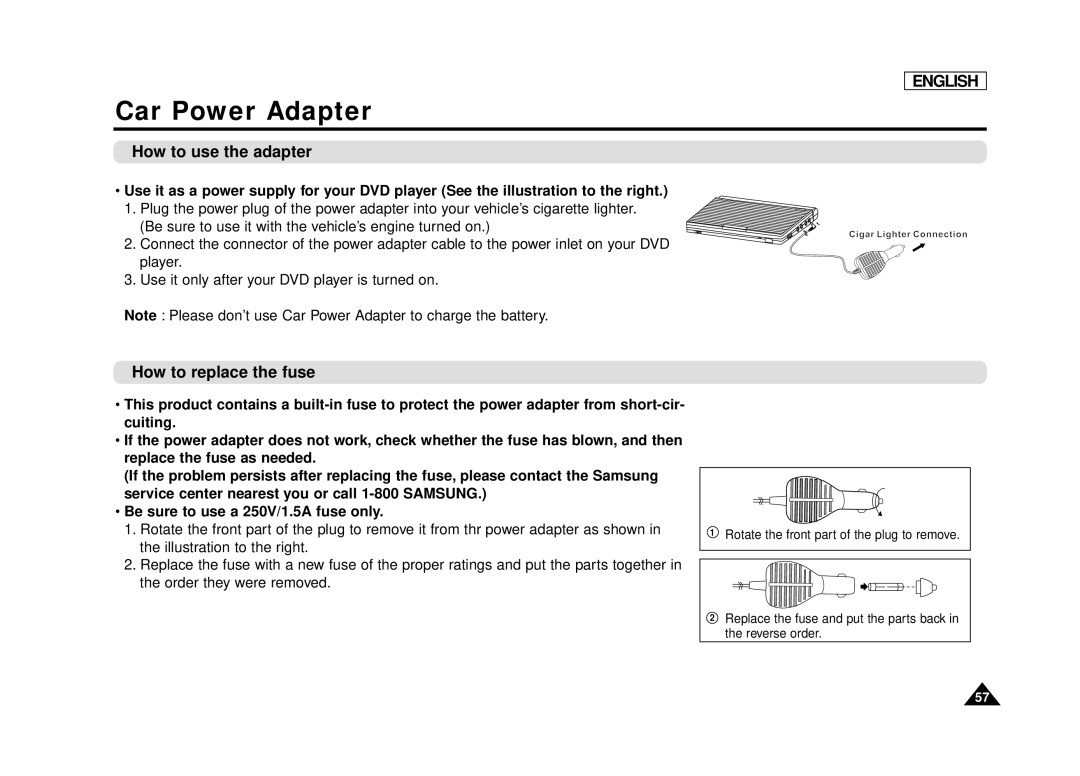 Samsung DVD-L75, DVD-L70 manual Car Power Adapter, How to use the adapter, How to replace the fuse 