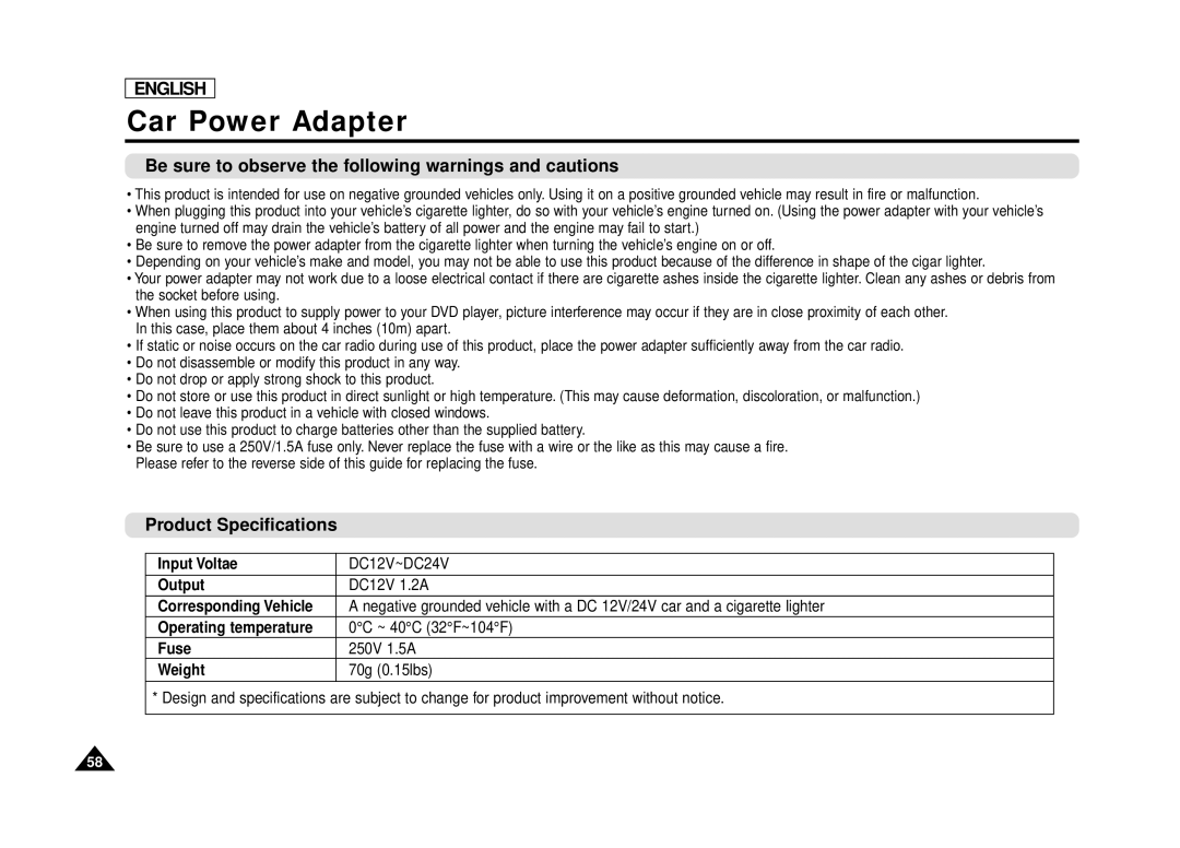 Samsung DVD-L70, DVD-L75 manual Be sure to observe the following warnings and cautions, Product Specifications, Input Voltae 