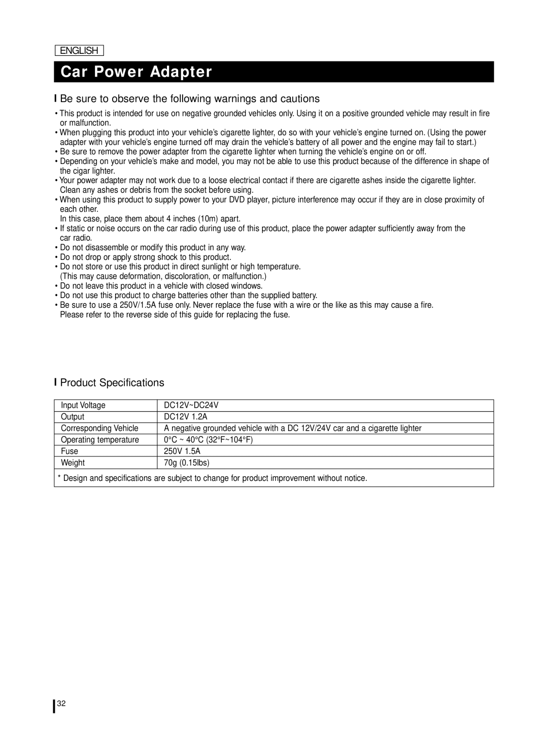 Samsung DVD-L70A, DVD-L75A Be sure to observe the following warnings and cautions, Product Specifications, Input Voltage 