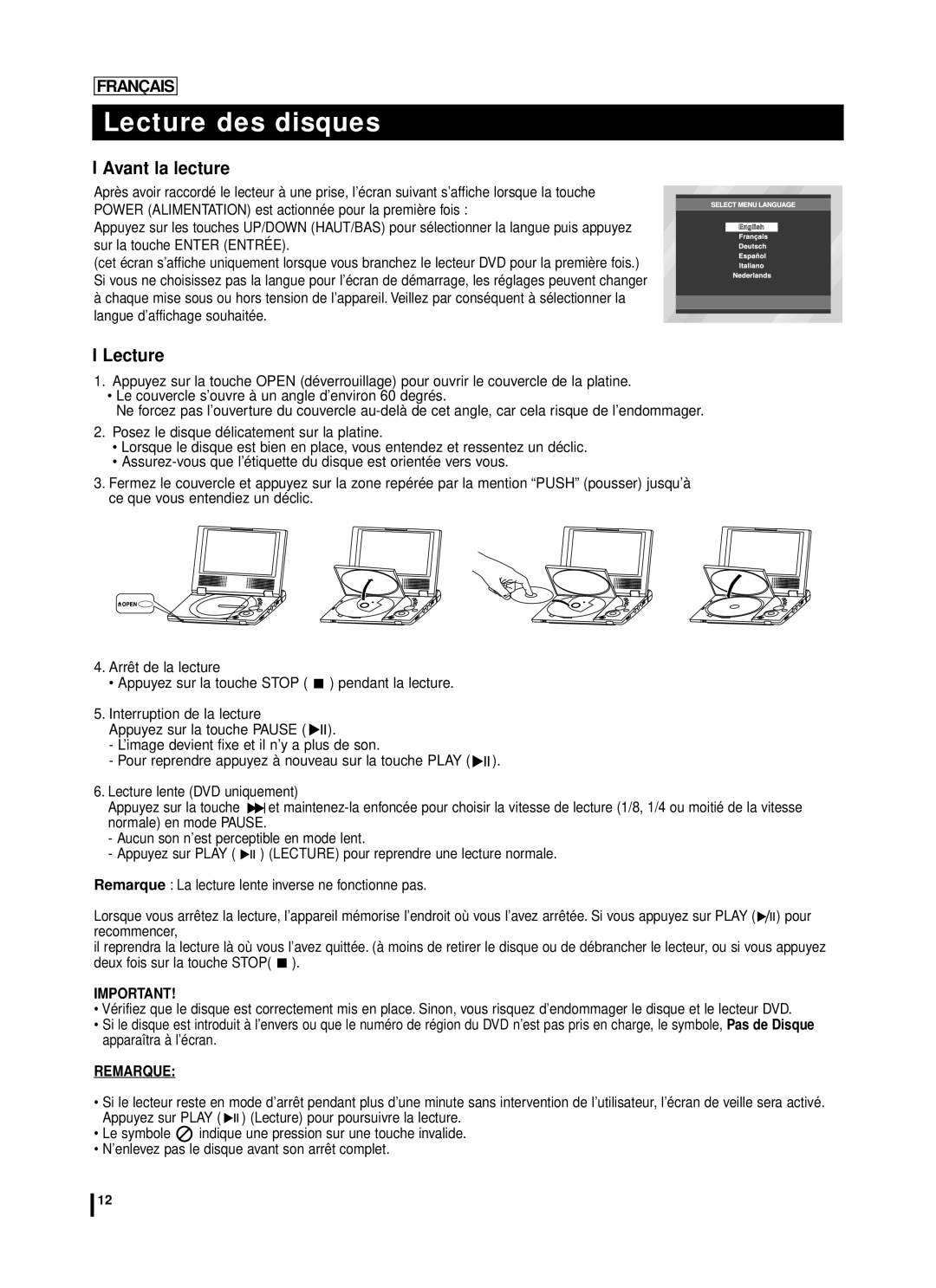 Samsung DVD-L70A, DVD-L75A manual Lecture des disques, Avant la lecture 