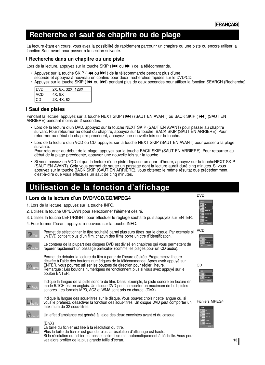 Samsung DVD-L75A manual Recherche et saut de chapitre ou de plage, Utilisation de la fonction d’affichage, Saut des pistes 