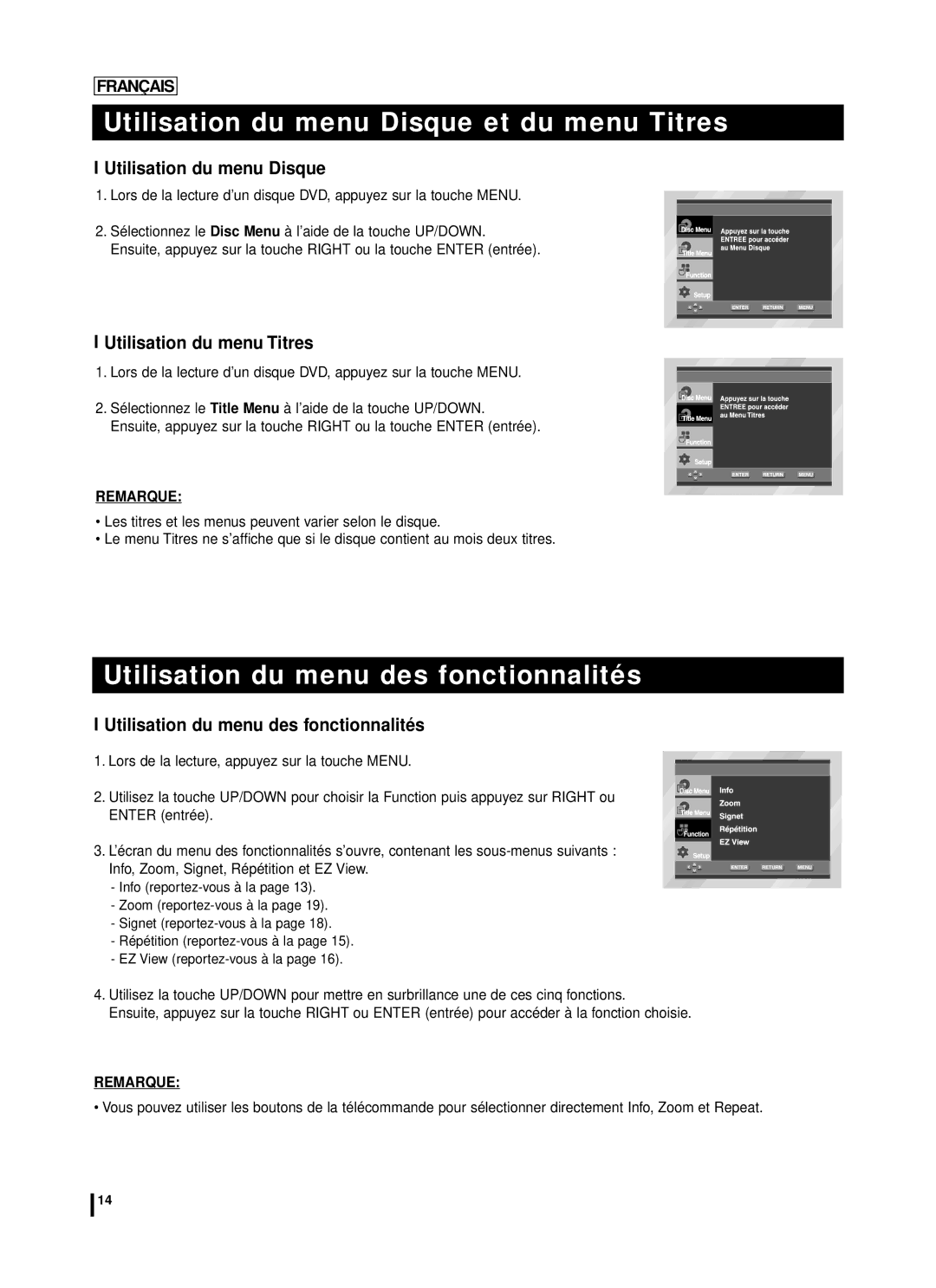 Samsung DVD-L70A, DVD-L75A manual Utilisation du menu Disque et du menu Titres, Utilisation du menu des fonctionnalités 