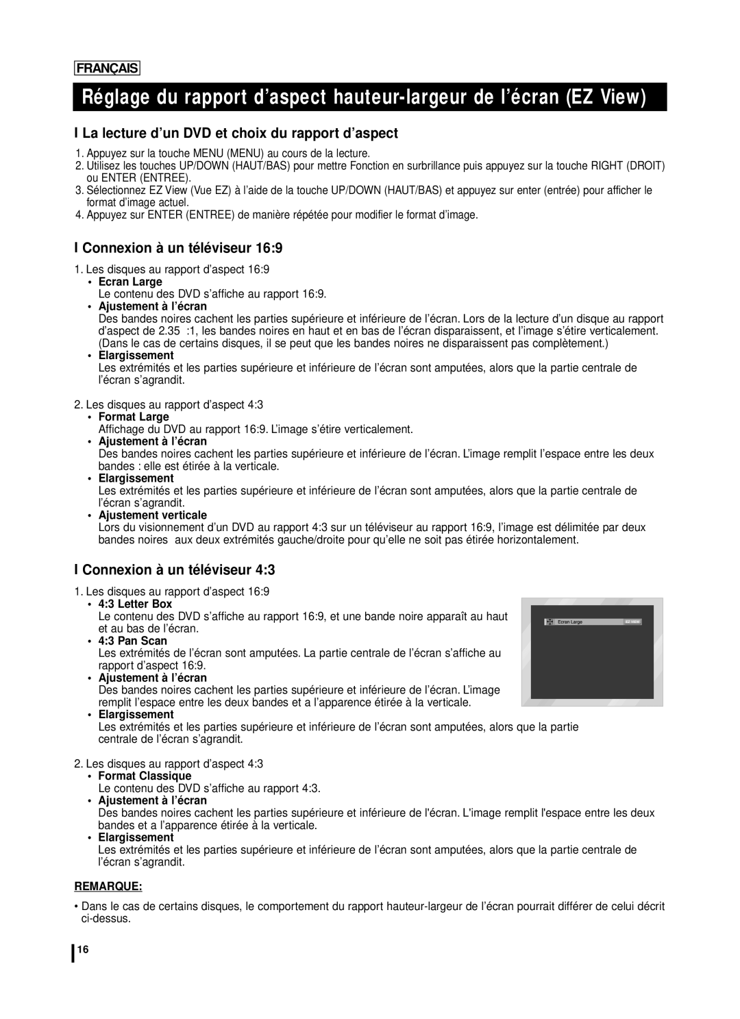 Samsung DVD-L70A, DVD-L75A manual La lecture d’un DVD et choix du rapport d’aspect, Connexion à un té lé viseur 