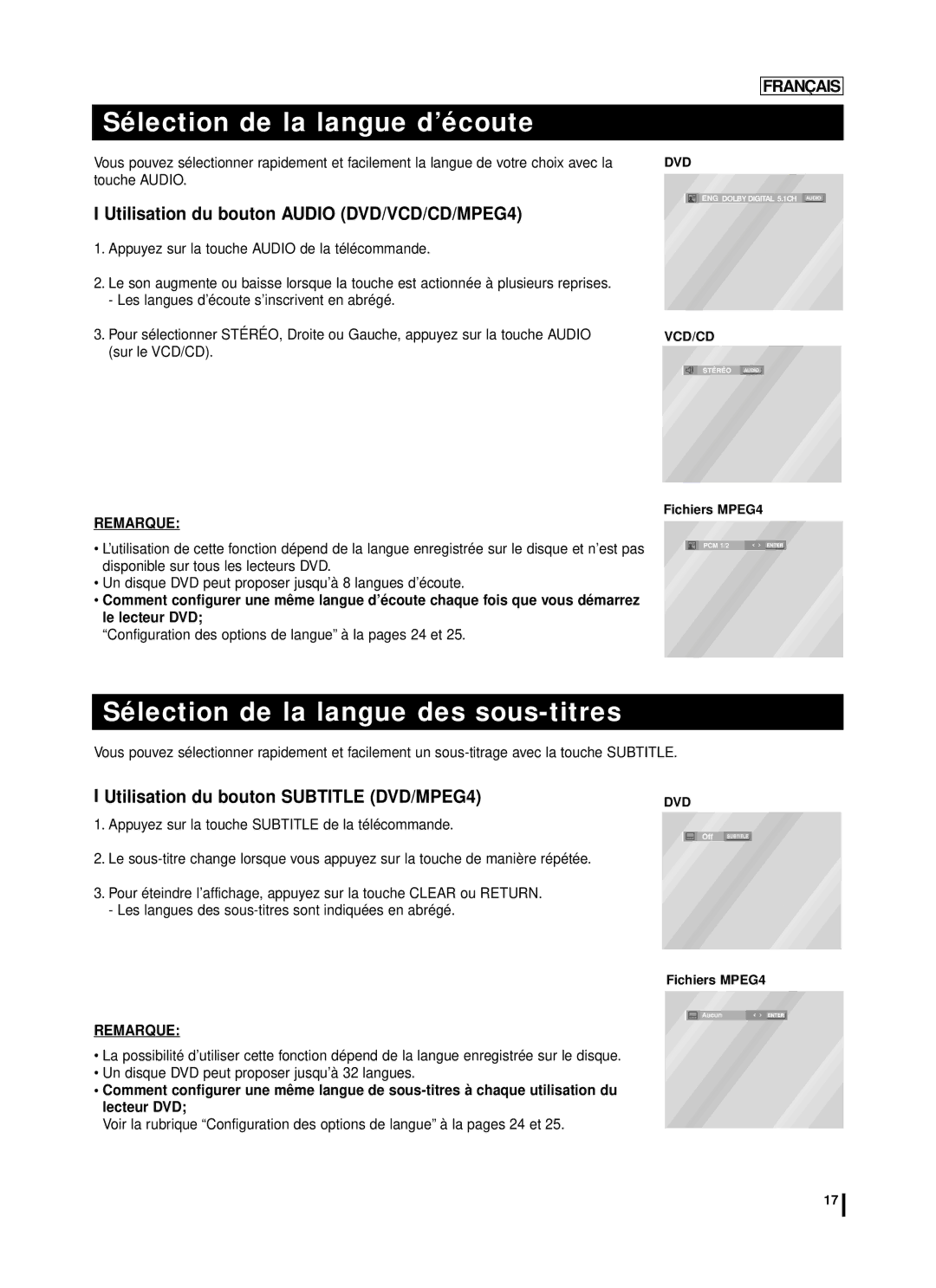 Samsung DVD-L75A, DVD-L70A manual Sélection de la langue d’écoute, Sélection de la langue des sous-titres 