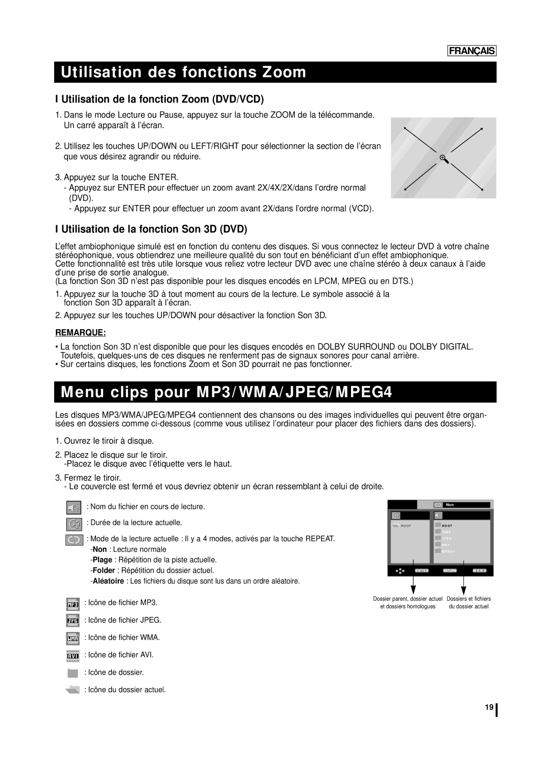 Samsung DVD-L75A Utilisation des fonctions Zoom, Menu clips pour MP3/WMA/JPEG/MPEG4, Utilisation de la fonction Son 3D DVD 