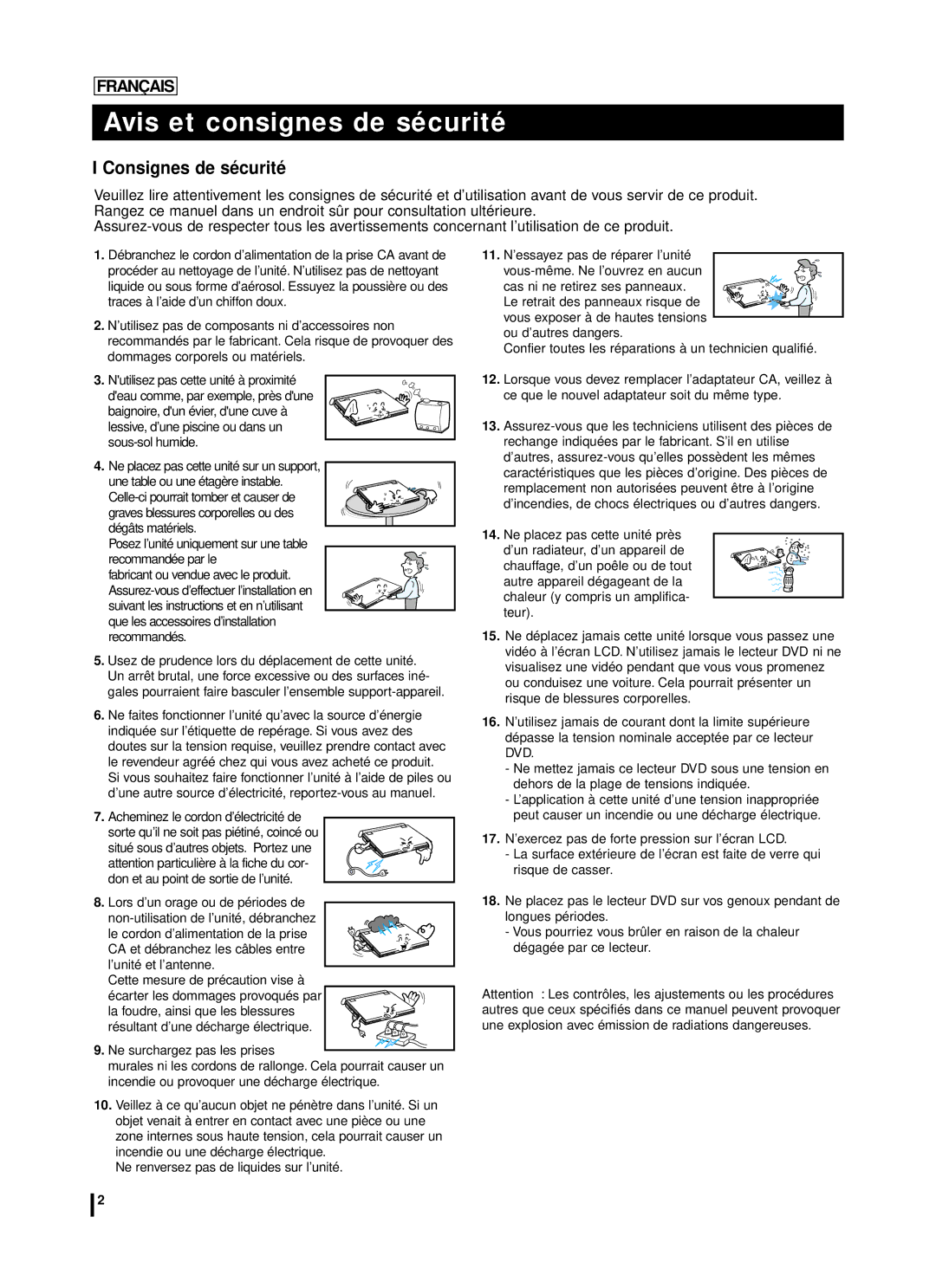 Samsung DVD-L70A, DVD-L75A manual Avis et consignes de sécurité, Consignes de sécurité, Acheminez le cordon d’électricité de 