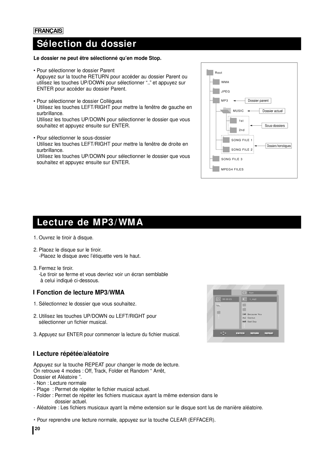 Samsung DVD-L70A, DVD-L75A manual Sélection du dossier, Lecture de MP3/WMA, Lecture ré pé té e/alé atoire 