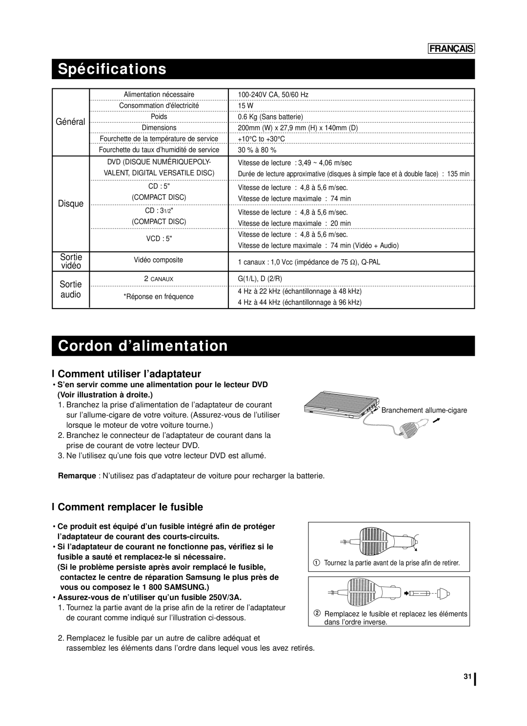 Samsung DVD-L75A manual Spécifications, Cordon d’alimentation, Comment utiliser l’adaptateur, Comment remplacer le fusible 