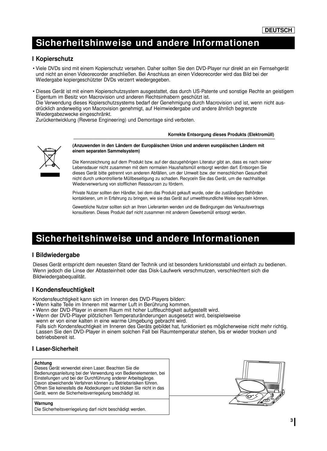 Samsung DVD-L75A, DVD-L70A manual Kopierschutz, Bildwiedergabe, Kondensfeuchtigkeit, Laser-Sicherheit 