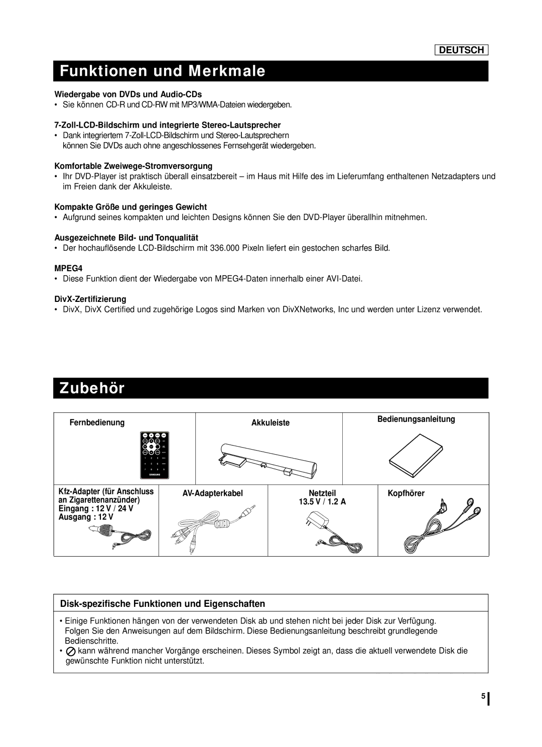 Samsung DVD-L75A, DVD-L70A manual Funktionen und Merkmale, Zubehör, Disk-spezifische Funktionen und Eigenschaften 