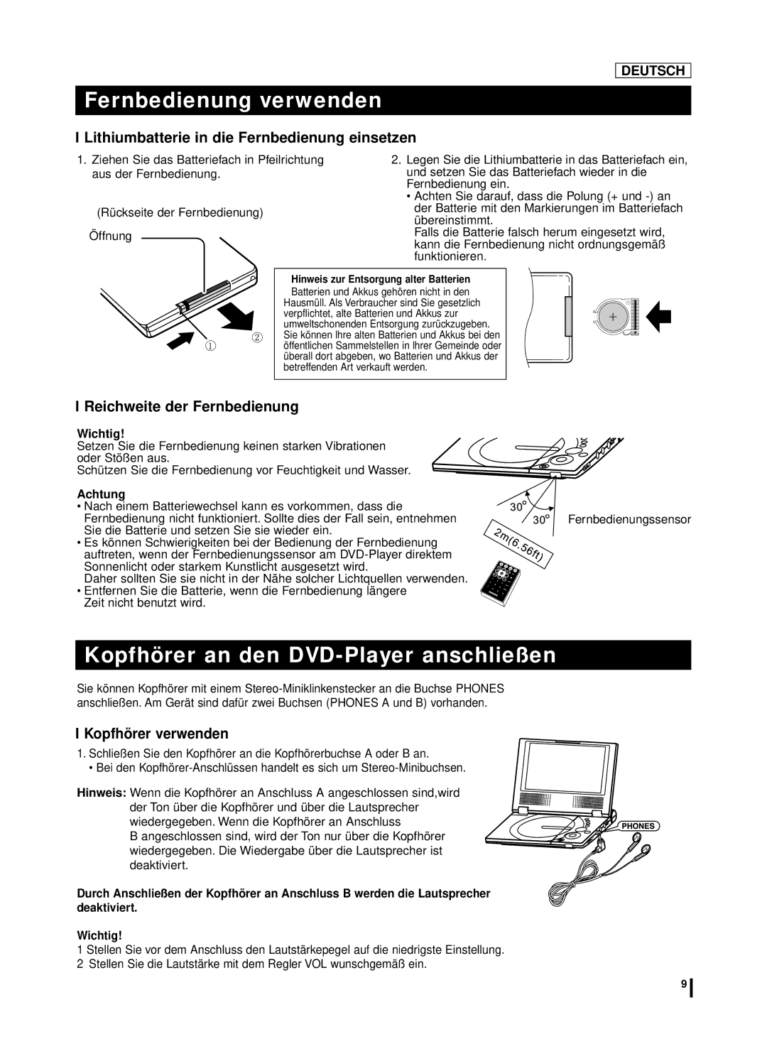 Samsung DVD-L75A, DVD-L70A Fernbedienung verwenden, Kopfhörer an den DVD-Player anschließen, Reichweite der Fernbedienung 