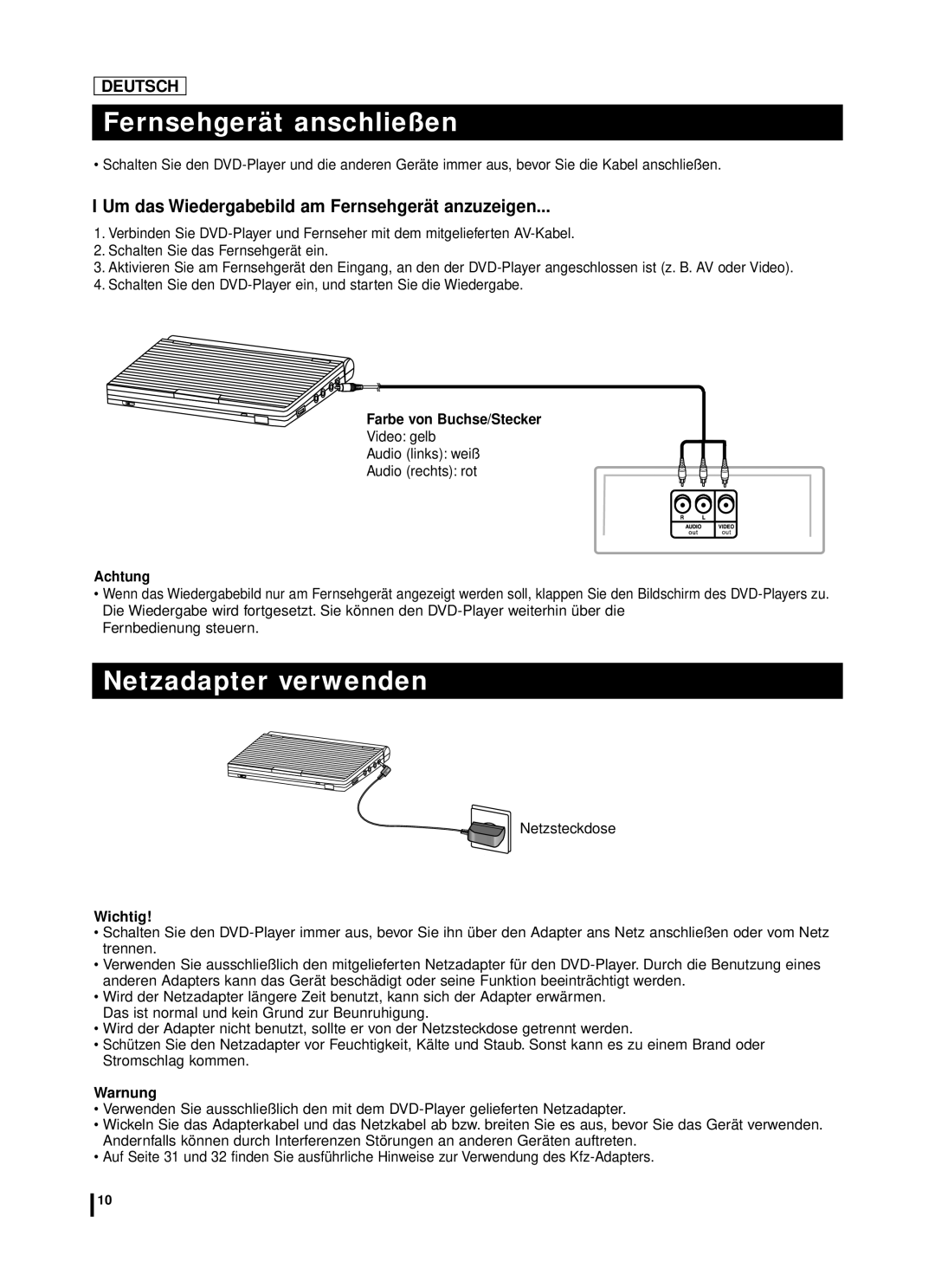 Samsung DVD-L70A manual Fernsehgerät anschließen, Netzadapter verwenden, Um das Wiedergabebild am Fernsehgerä t anzuzeigen 