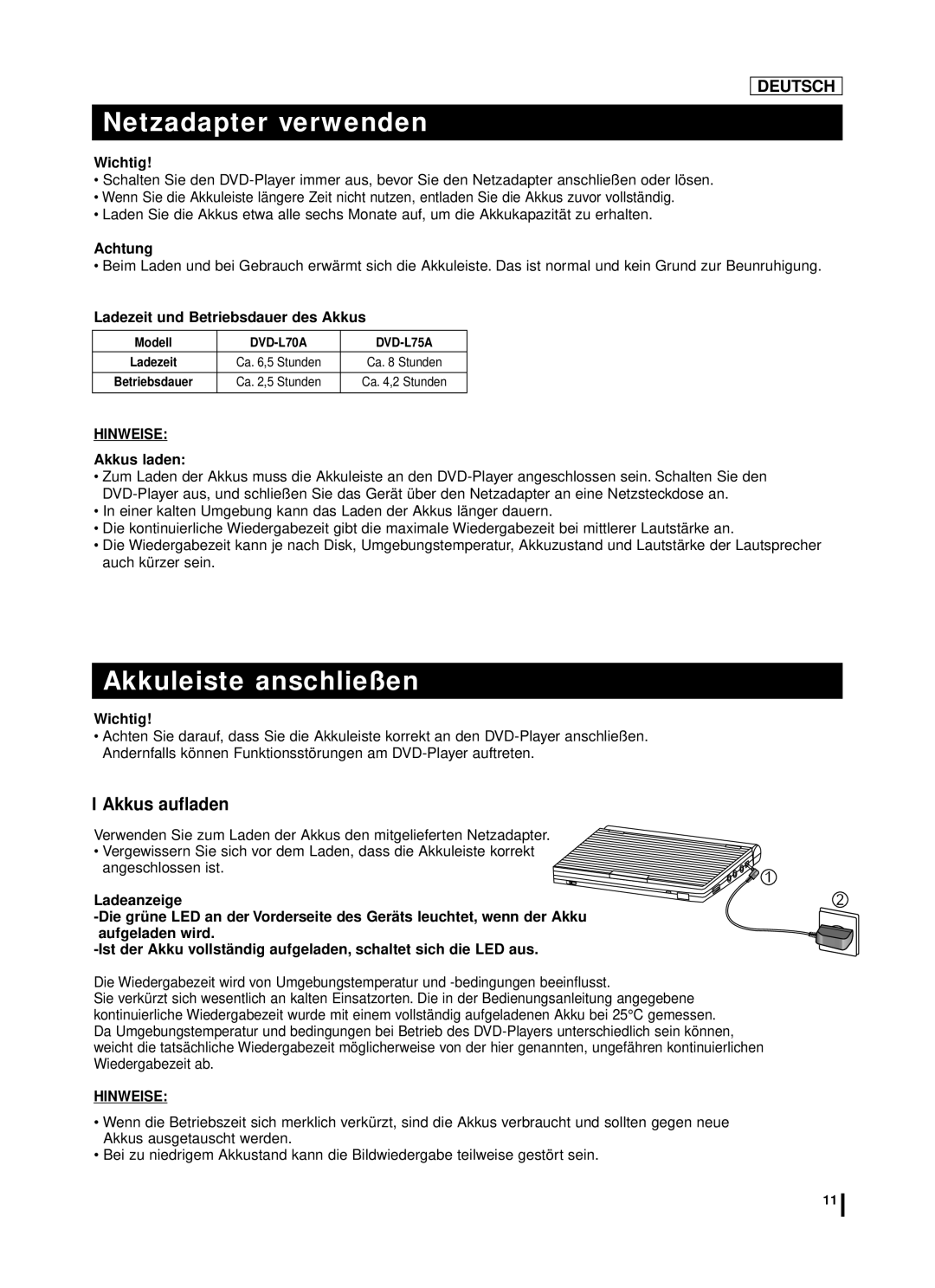 Samsung DVD-L75A manual Akkuleiste anschließen, Akkus aufladen, Ladezeit und Betriebsdauer des Akkus, Akkus laden, Modell 