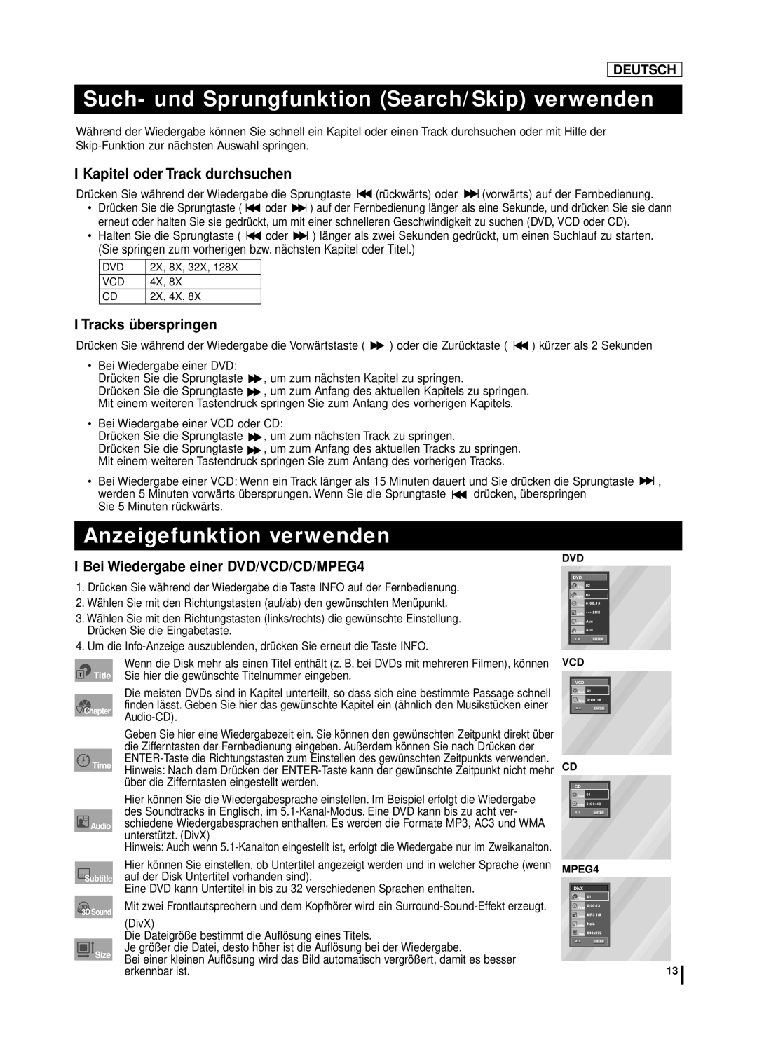 Samsung DVD-L75A Such- und Sprungfunktion Search/Skip verwenden, Anzeigefunktion verwenden, Kapitel oder Track durchsuchen 