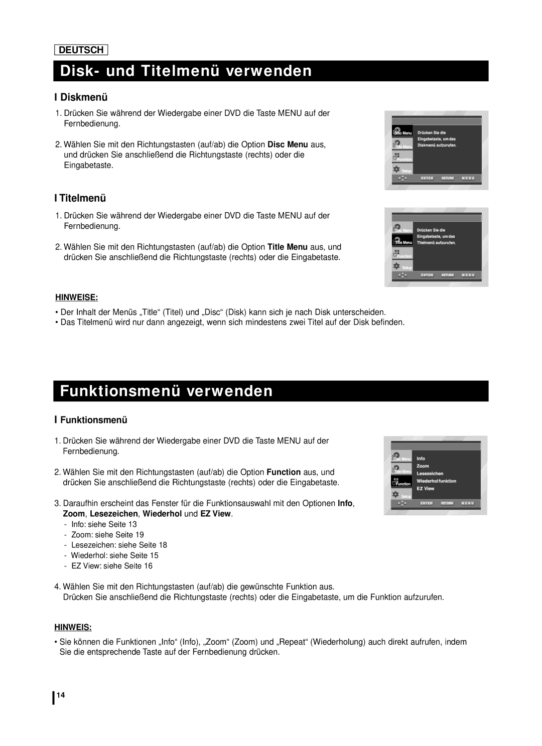 Samsung DVD-L70A, DVD-L75A manual Disk- und Titelmenü verwenden, Funktionsmenü verwenden, Diskmenü 