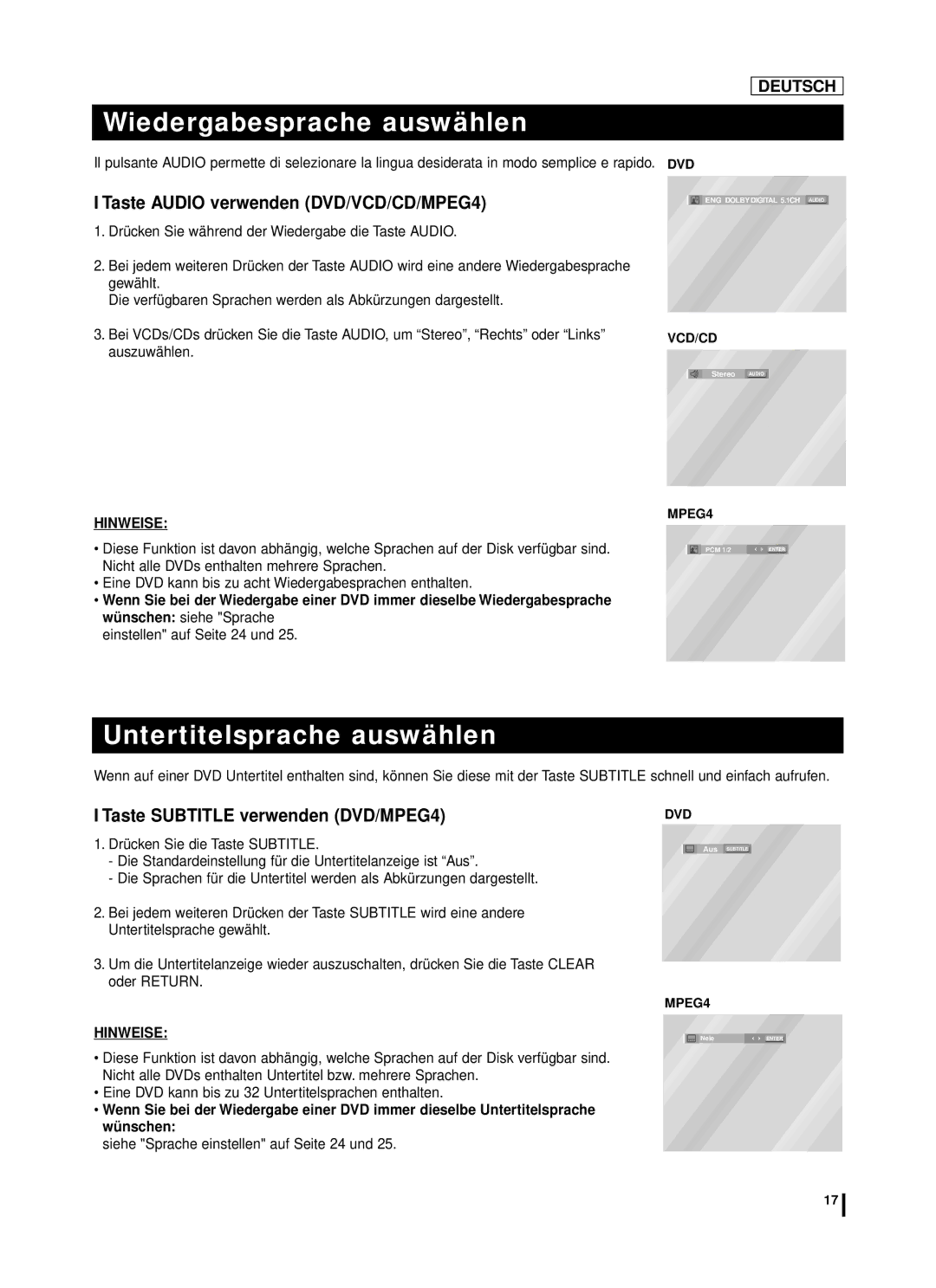 Samsung DVD-L75A manual Wiedergabesprache auswählen, Untertitelsprache auswählen, Taste Audio verwenden DVD/VCD/CD/MPEG4 