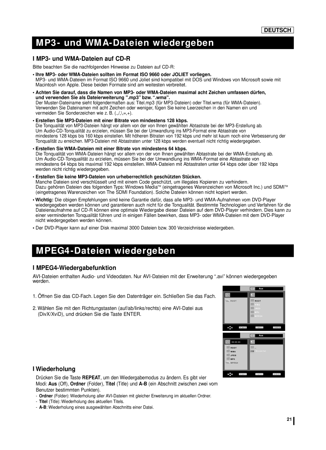 Samsung DVD-L75A manual MPEG4-Dateien wiedergeben, MP3- und WMA-Dateien auf CD-R, MPEG4-Wiedergabefunktion, Wiederholung 