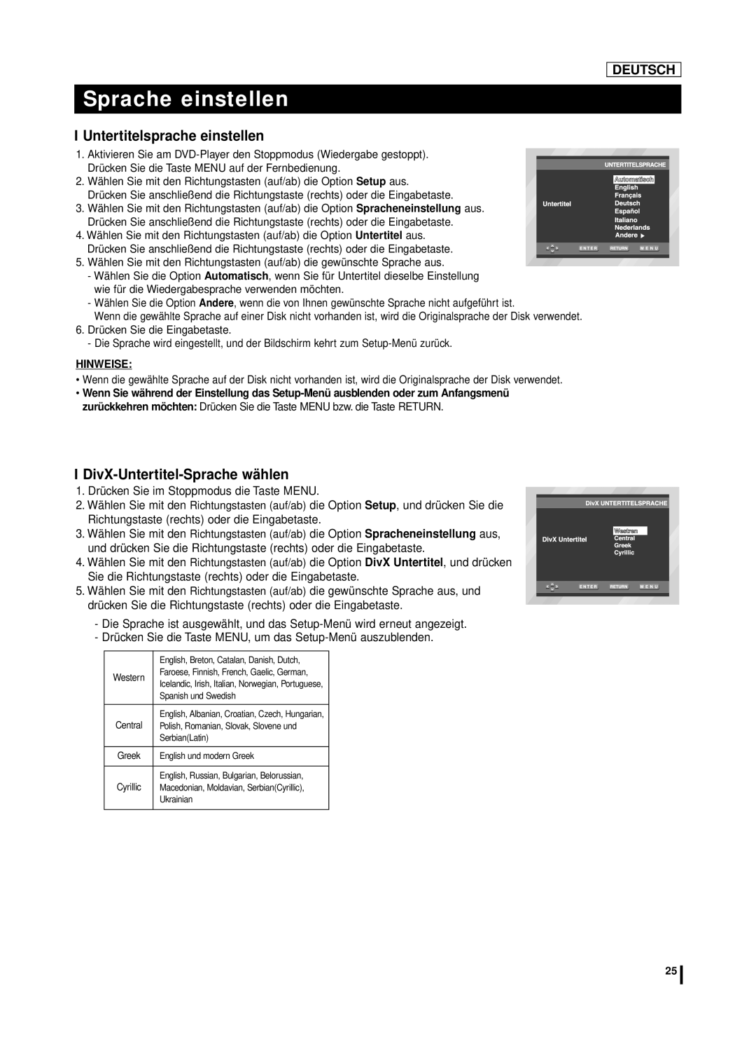 Samsung DVD-L75A, DVD-L70A manual Untertitelsprache einstellen, DivX-Untertitel-Sprache wä hlen 