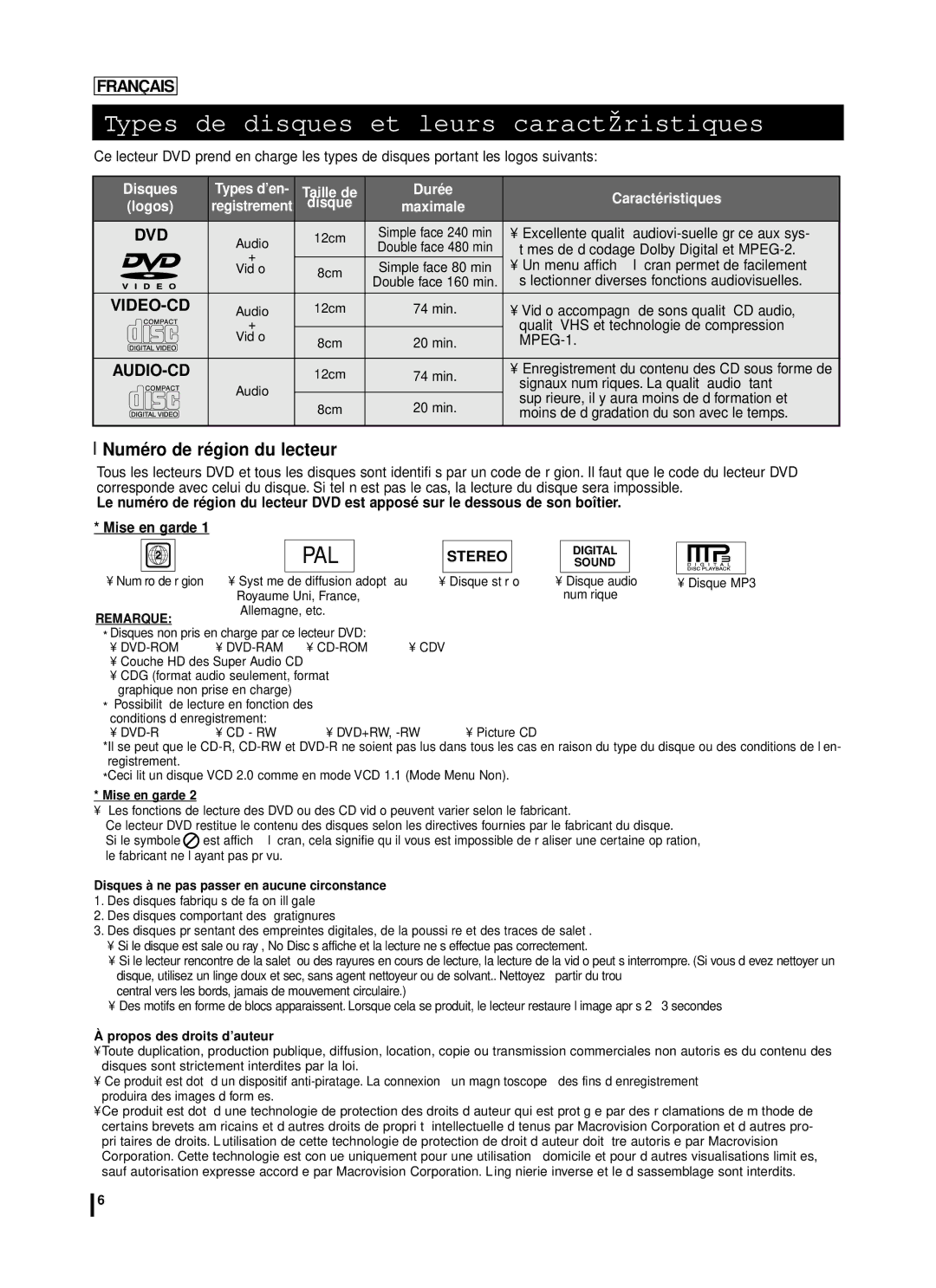 Samsung DVD-L70A, DVD-L75A manual Types de disques et leurs caractéristiques, Numéro de région du lecteur 