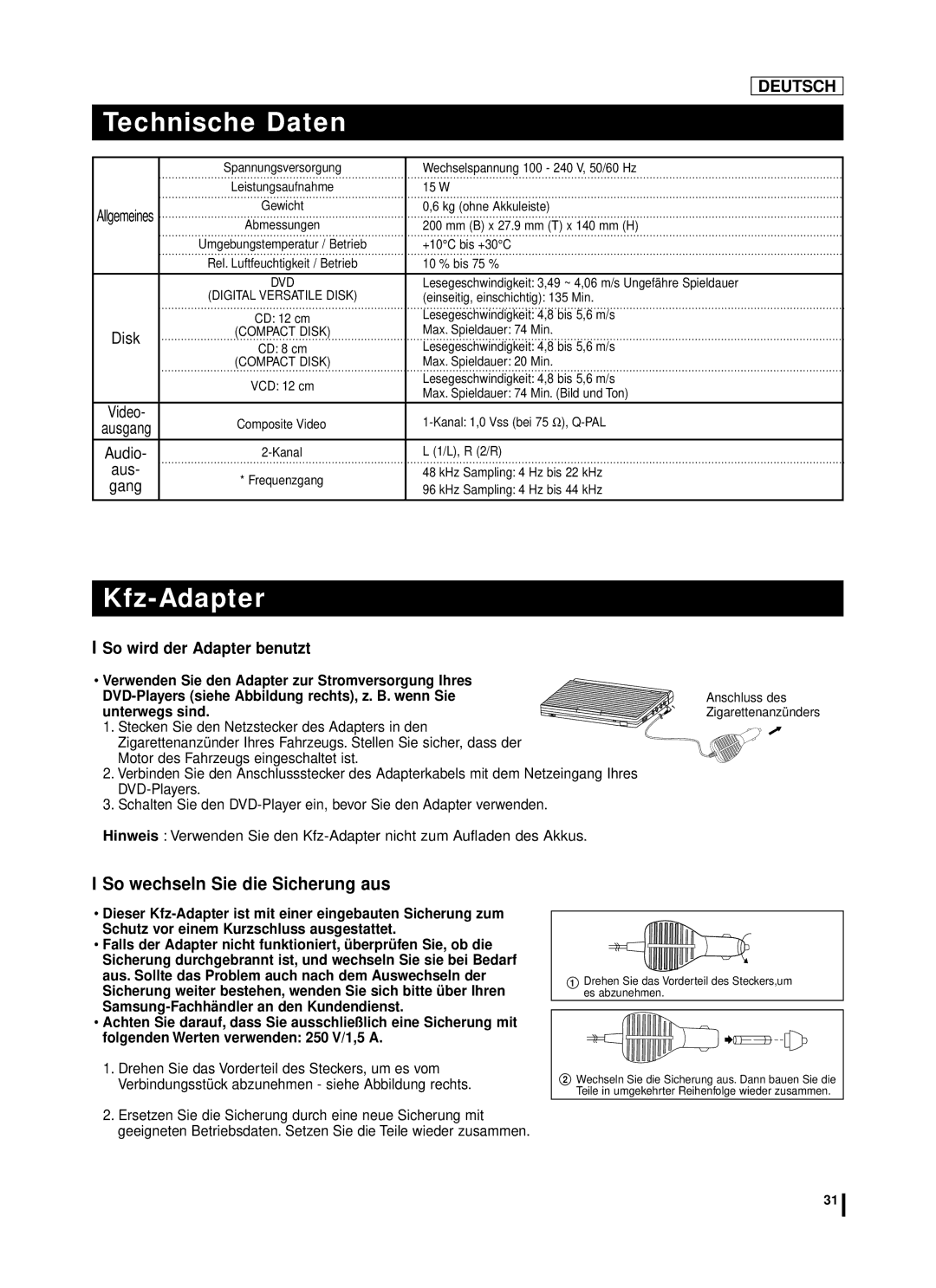 Samsung DVD-L75A, DVD-L70A Technische Daten, Kfz-Adapter, So wechseln Sie die Sicherung aus, So wird der Adapter benutzt 