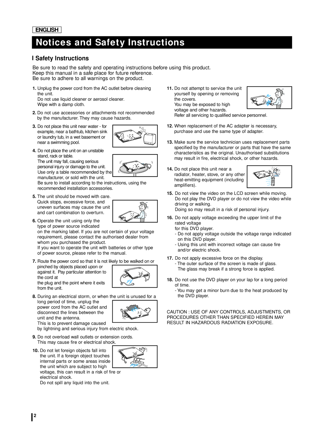 Samsung DVD-L70A, DVD-L75A manual Safety Instructions, Do not place the unit on an unstable stand, rack or table 