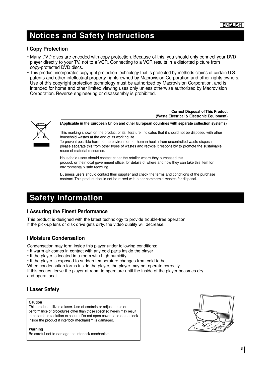 Samsung DVD-L75A Safety Information, Copy Protection, Assuring the Finest Performance, Moisture Condensation, Laser Safety 