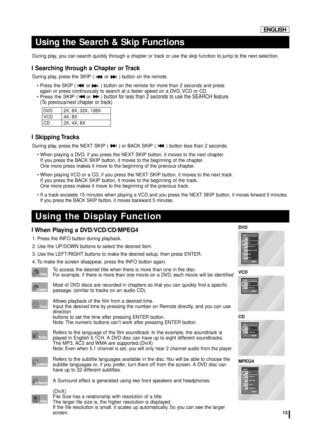 Samsung DVD-L75A manual Using the Search & Skip Functions, Using the Display Function, Searching through a Chapter or Track 