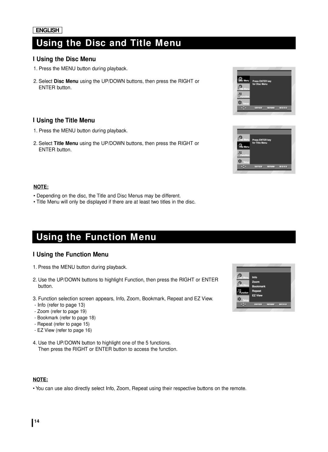 Samsung DVD-L70A manual Using the Disc and Title Menu, Using the Function Menu, Using the Disc Menu, Using the Title Menu 