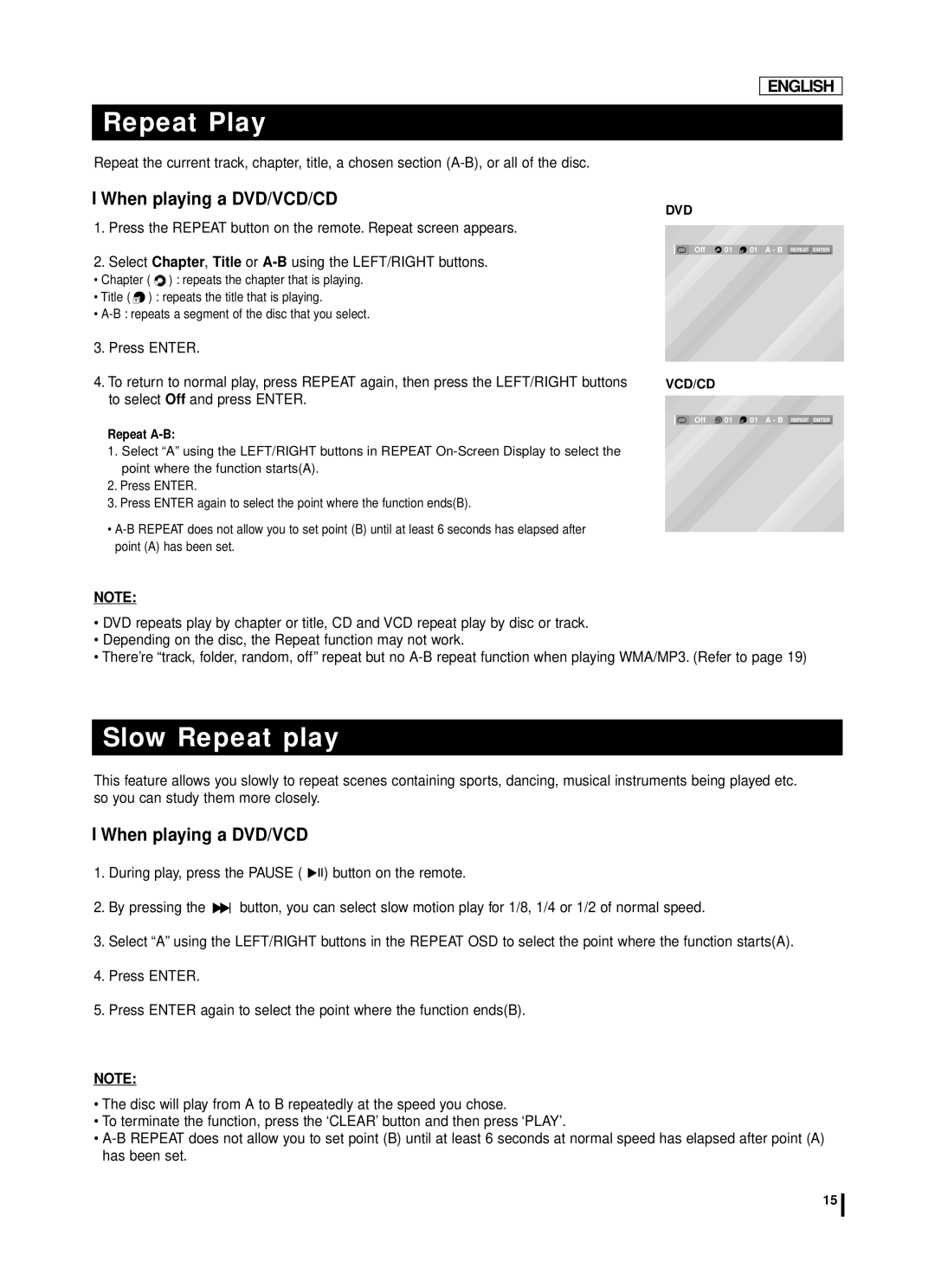 Samsung DVD-L75A, DVD-L70A manual Repeat Play, Slow Repeat play, When playing a DVD/VCD/CD 