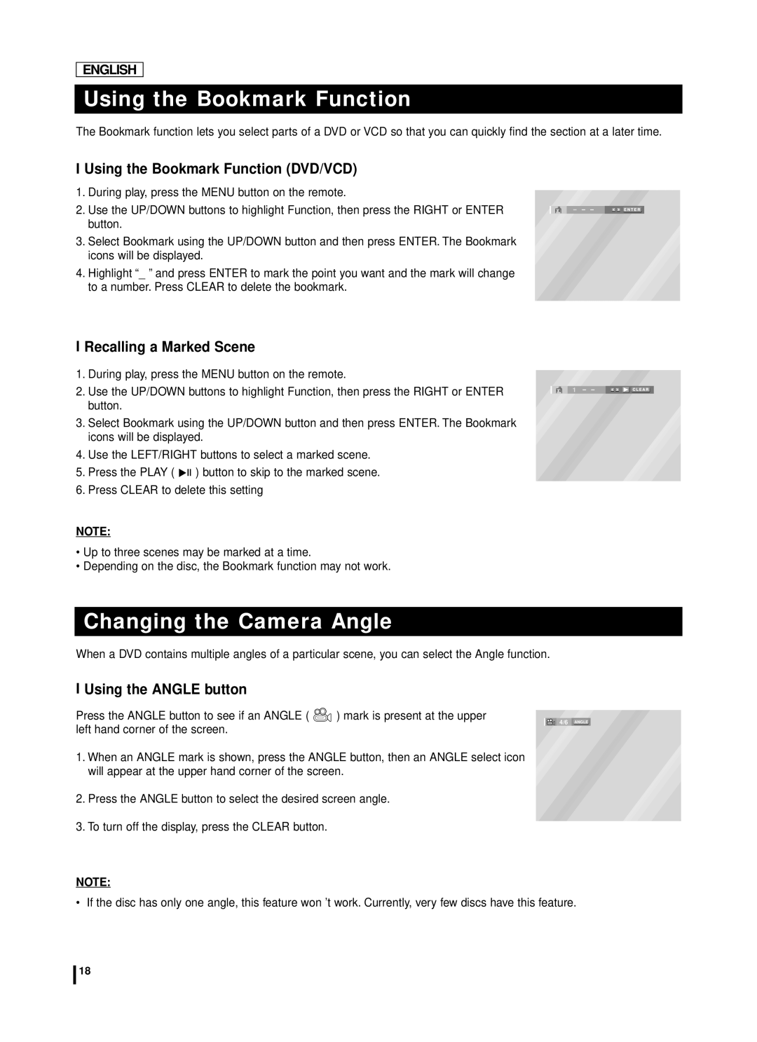 Samsung DVD-L70A, DVD-L75A manual Changing the Camera Angle, Using the Bookmark Function DVD/VCD, Using the Angle button 