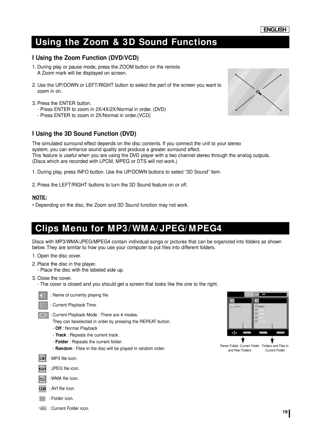 Samsung DVD-L75A Using the Zoom & 3D Sound Functions, Clips Menu for MP3/WMA/JPEG/MPEG4, Using the Zoom Function DVD/VCD 