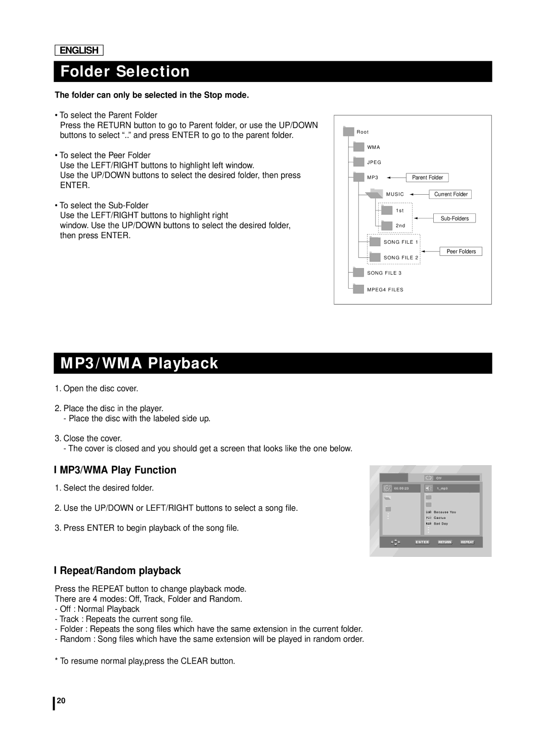 Samsung DVD-L70A, DVD-L75A manual Folder Selection, MP3/WMA Playback, MP3/WMA Play Function, Repeat/Random playback 