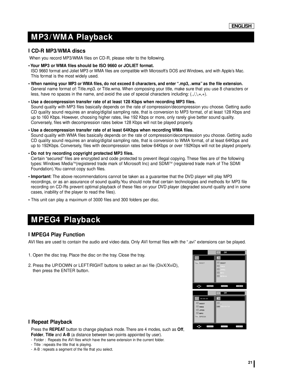 Samsung DVD-L75A, DVD-L70A manual MPEG4 Playback, CD-R MP3/WMA discs, MPEG4 Play Function, Repeat Playback 