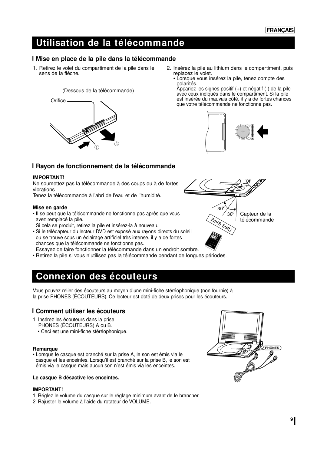 Samsung DVD-L75A Utilisation de la télécommande, Connexion des écouteurs, Mise en place de la pile dans la télécommande 