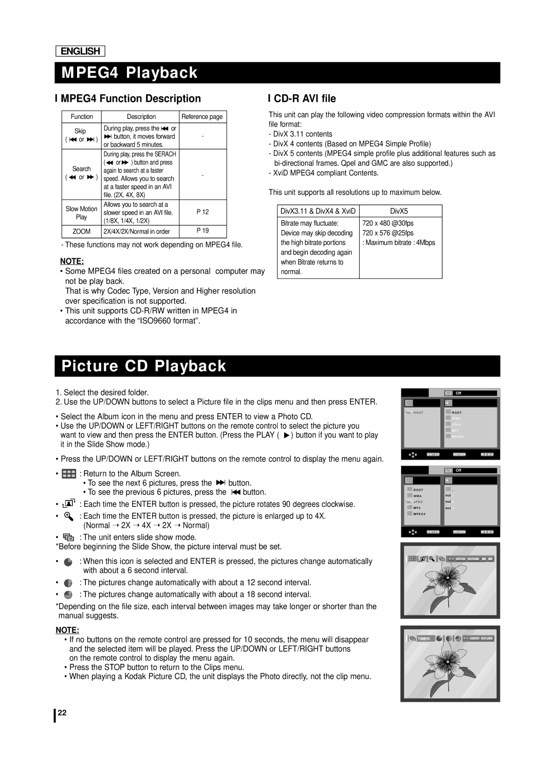 Samsung DVD-L70A, DVD-L75A manual Picture CD Playback, MPEG4 Function Description, CD-R AVI file 