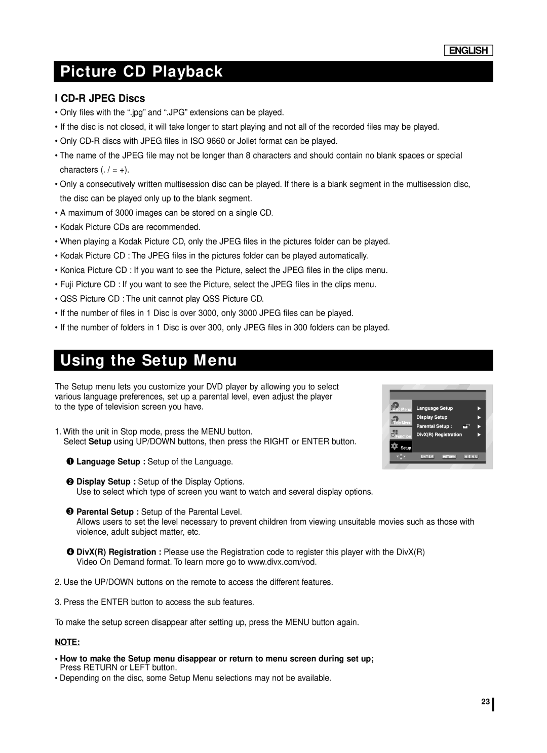 Samsung DVD-L75A, DVD-L70A manual Using the Setup Menu, CD-R Jpeg Discs 