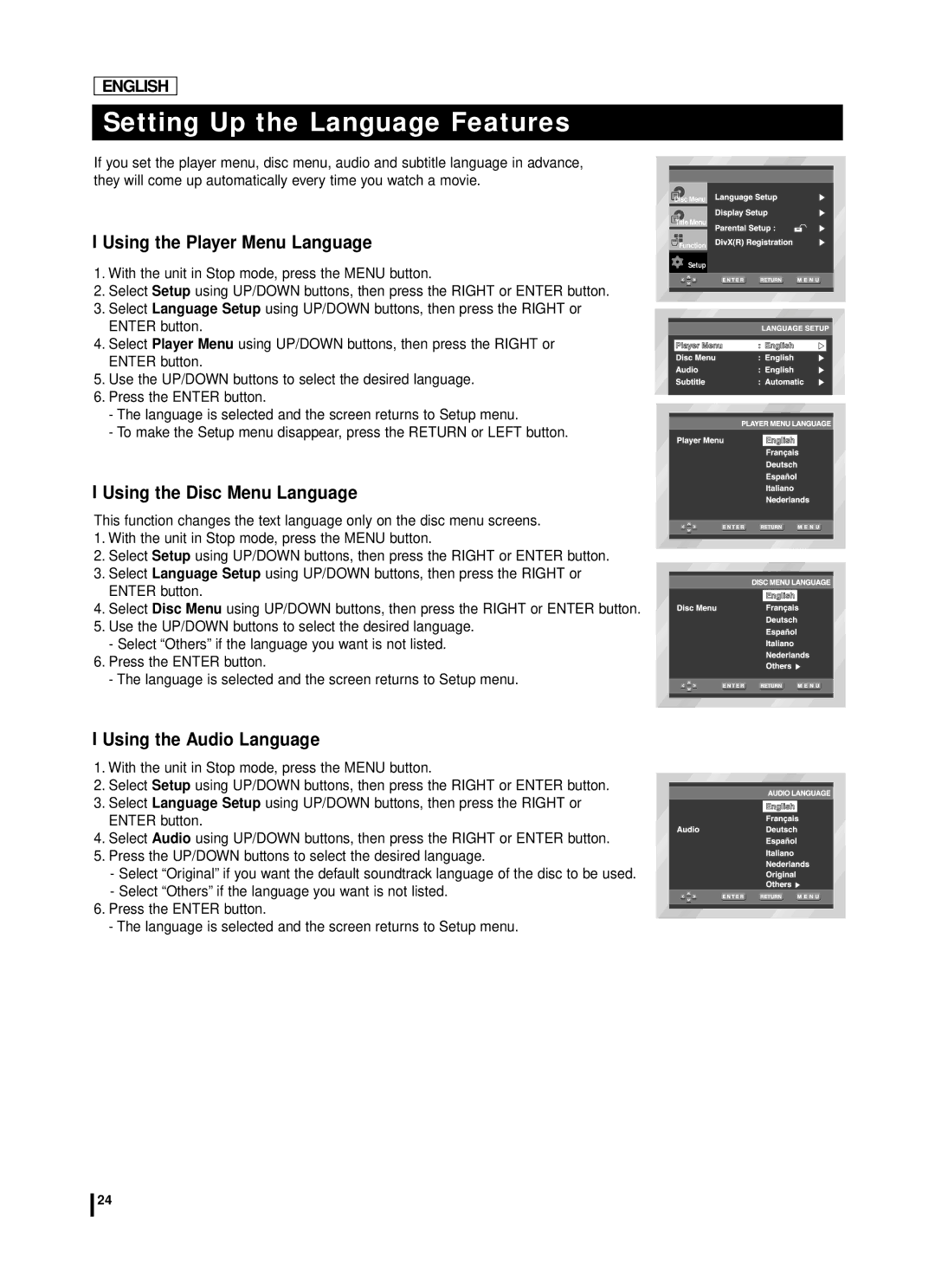 Samsung DVD-L70A, DVD-L75A Setting Up the Language Features, Using the Player Menu Language, Using the Disc Menu Language 