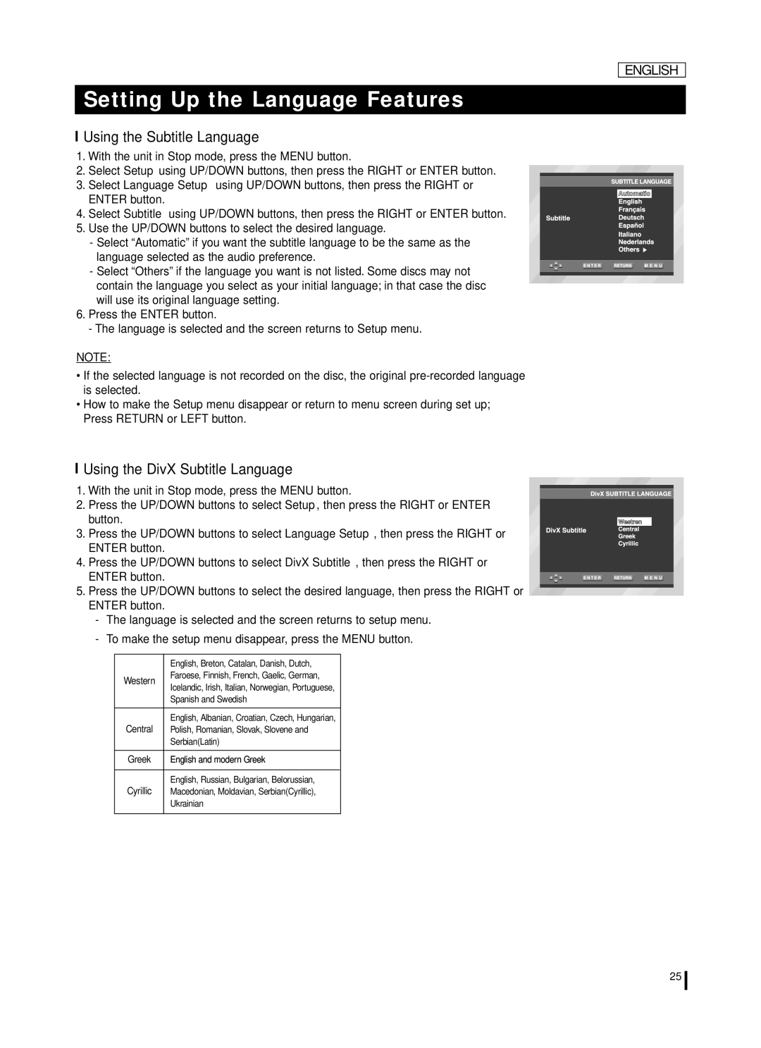 Samsung DVD-L75A, DVD-L70A manual Using the Subtitle Language, Using the DivX Subtitle Language 