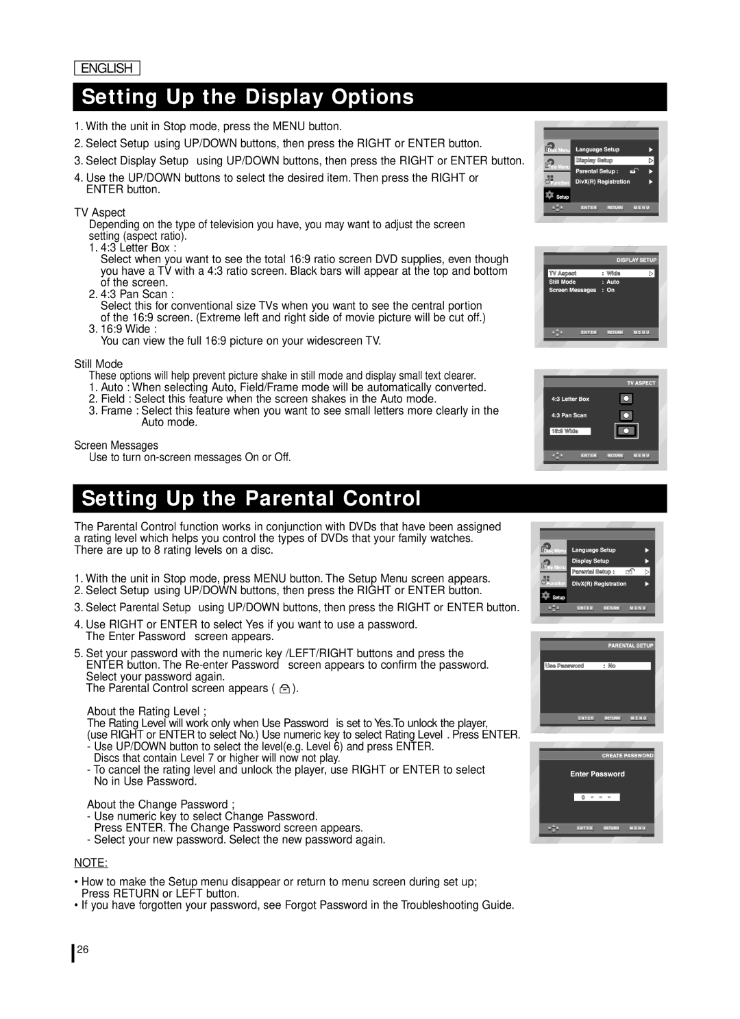 Samsung DVD-L70A, DVD-L75A manual Setting Up the Display Options, Setting Up the Parental Control 