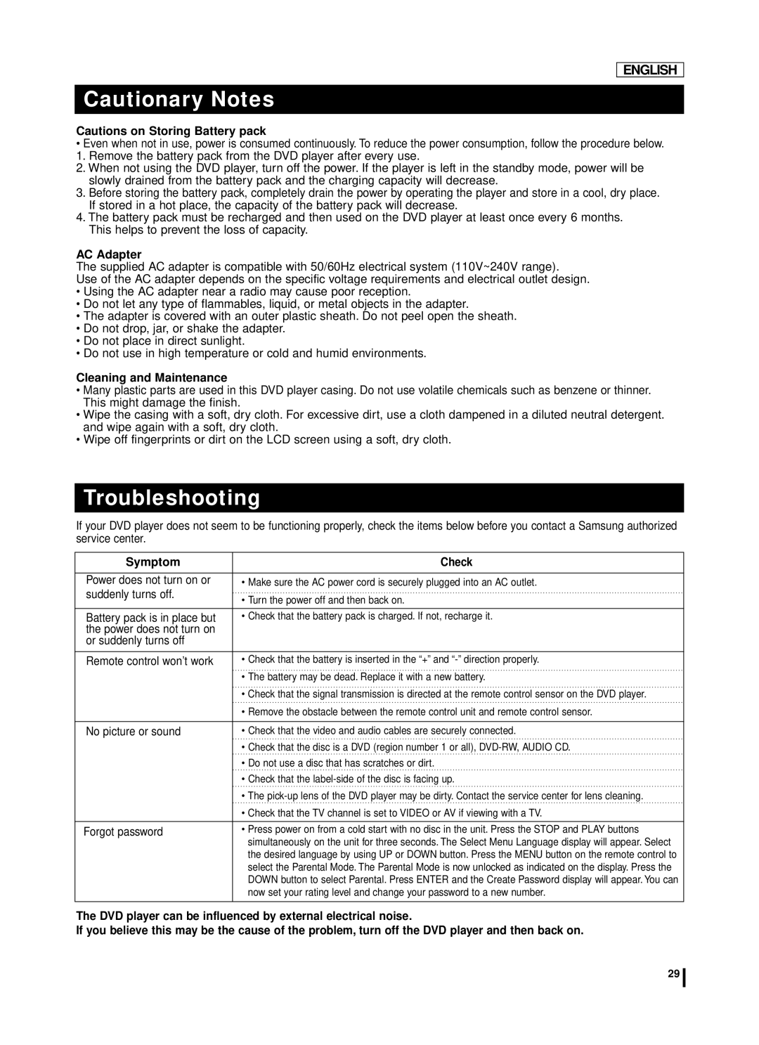 Samsung DVD-L75A, DVD-L70A manual Troubleshooting, AC Adapter, Cleaning and Maintenance, Symptom Check 